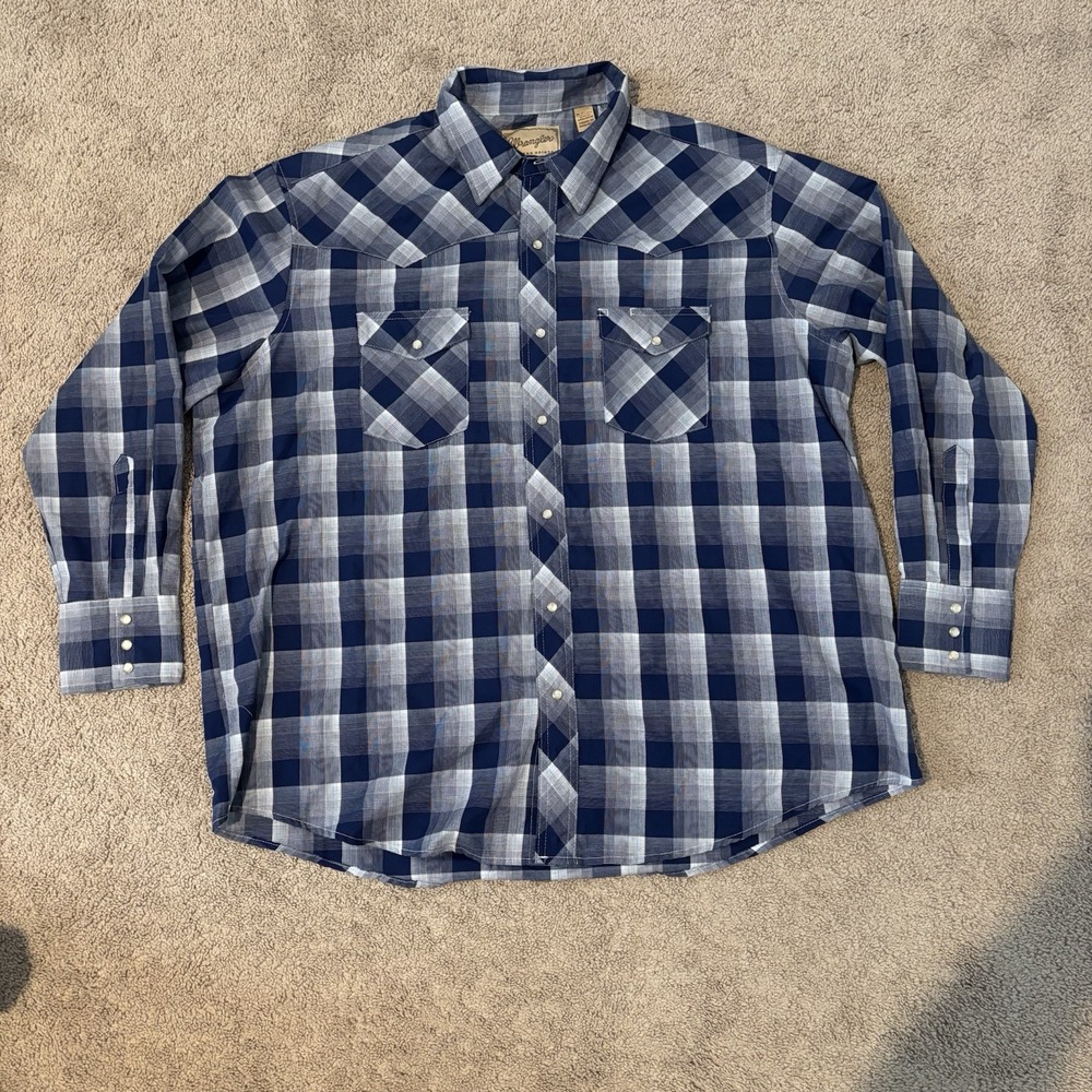 Vintage Wrangler Wrancher‎ Western Pearl Snap Shirt Blue Plaid Long Sleeve 2XL